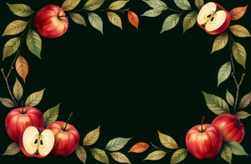  frame made of apples and leaves on black dark background. Traditional watercolor border of Rosh Hashanah.Template for design greeting card Jewish New Year. copy space, flat lay, top view 