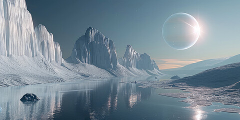 Poster - A serene, ice-covered planet reflecting light from a distant sun, with towering ice formations casting soft shadows on the surface.