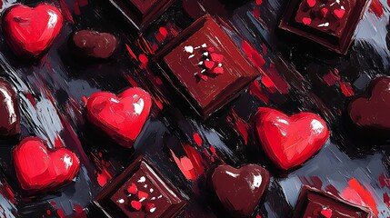 Canvas Print - Abstract pattern of chocolate boxes and heart candies, bold colors, dark background, expressive brush strokes, dynamic composition, artistic style, hd quality, textured look, seamless flow.