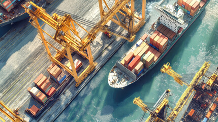 Aerial view of cargo ships being loaded and unloaded at a busy industrial port during daylight hours, highlighting cranes and shipping containers