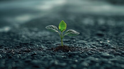 Poster - A small green plant sprouting from the asphalt, with a dark gray background.