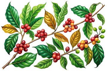 Explore a  assortment of coffee tree branches, complete with lush leaves and vibrant berries, perfect for illustrating and designing unique creative projects and artwork.