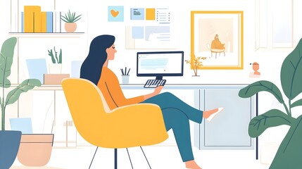 Poster - Woman Working at Computer in Home Office with Yellow Chair and Plants