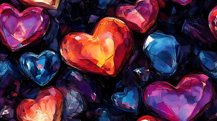 Poster - Abstract pattern of heart-shaped gemstones and jewelry, bold colors, dark background, expressive brush strokes, dynamic composition, modern art style, hd quality, textured look, seamless repetition.