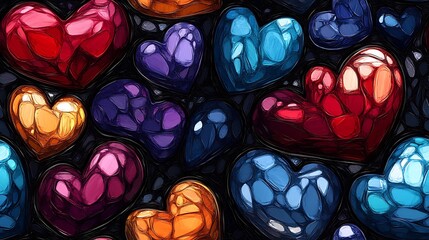 Wall Mural - Abstract pattern of heart-shaped gemstones and jewelry, bold colors, dark background, expressive brush strokes, dynamic composition, modern art style, hd quality, textured look, seamless repetition.