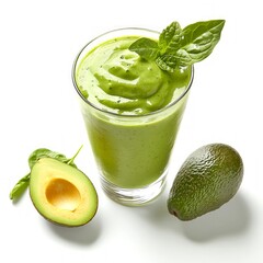 Poster - Fresh green smoothie made with avocado and spinach, topped with a mint leaf. This nutritious drink is perfect for a health-conscious lifestyle. Smoothie style and fresh ingredients. AI