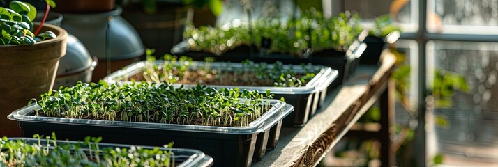 Poster - Trays of healthy microgreens grow steadily on a wooden table in a home greenhouse, enhanced by the warm sunlight filtering through. Generative AI