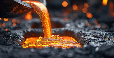 Poster - Lava pouring from the black steel furnace in an ironworks, close-up of molten gold liquid being poured into a hot bronze cast in a metal foundry.