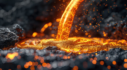Poster - Lava pouring from the black steel furnace in an ironworks, close-up of molten gold liquid being poured into a hot bronze cast in a metal foundry.
