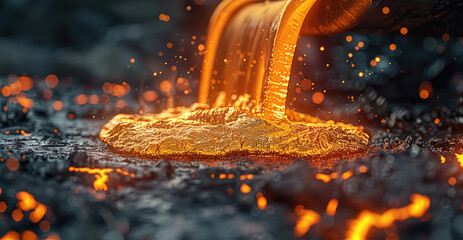 Poster - Lava pouring from the black steel furnace in an ironworks, close-up of molten gold liquid being poured into a hot bronze cast in a metal foundry.
