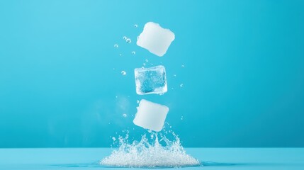 Poster - A still life composition featuring ice cubes, liquid water, and steam rising from a boiling pot, illustrating the different states of matter.