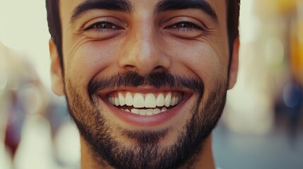 man's joyful expression with broad smile and bright teeth.
