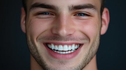 A bright smile on a bearded face, close-up shot.