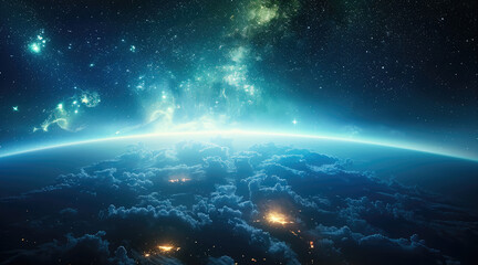 Poster - The aurora borealis captured from the stratosphere, visible green lights over the Earth and clouds, the nighttime sky with stars, a breathtaking view of the Earth below.