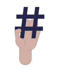 Poster - Hand holding hashtag cartoon illustration. Categorize content on social media. Keyword phrase microblogging. Hash tag symbol linear 2D vector image, white background. Editable colorful flat clipart