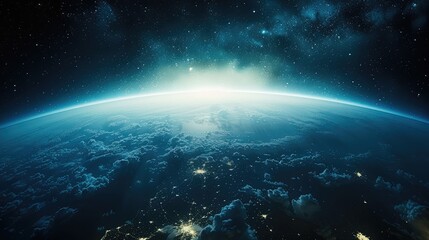 Poster - The aurora borealis captured from the stratosphere, visible green lights over the Earth and clouds, the nighttime sky with stars, a breathtaking view of the Earth below.