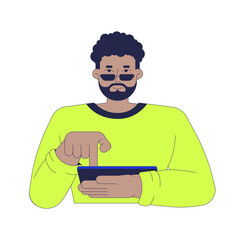 Poster - African american bearded man typing tablet touch screen 2D cartoon character. FOMO tech. Sunglasses black guy using gadget isolated person flat vector on white background. Spot illustration colorful