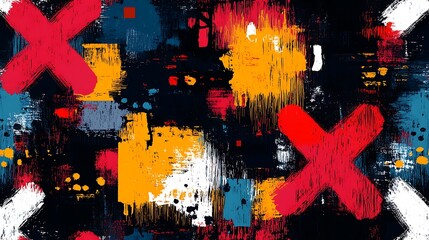 Canvas Print - Abstract pattern of X's and O's, bold colors with splashes of paint, dark background, expressive strokes, dynamic composition, modern art style, hd quality, textured look. --ar 16:9 --tile