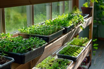 Poster - Trays of hearty microgreens thrive in a home greenhouse, basking in sunlight through large windows. Generative AI