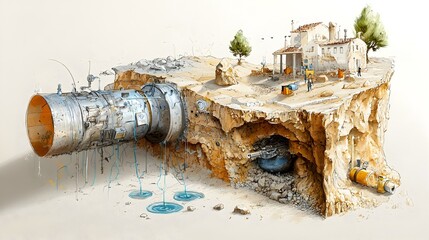 Poster - Cross section diagram illustrating the structure and process of an aquifer where groundwater flows through layers of gravel sand and rock formations underground
