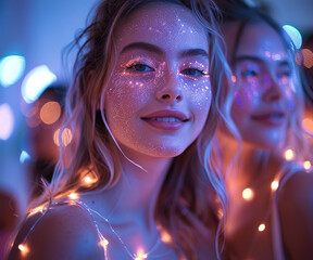 Canvas Print - Glow party, beautiful women, vibrant lights, exuding joy and radiance in a festive scene.