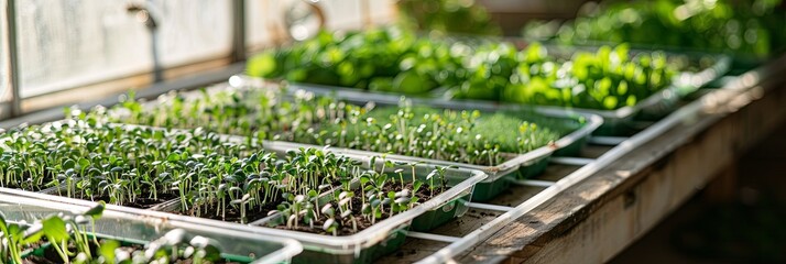 Inside a cozy greenhouse, trays flourish with various microgreens, thriving under warm sunlight in a nurturing environment. Generative AI