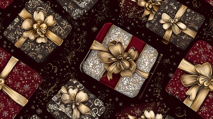 Sticker - Digital pattern featuring gift boxes with heart-patterned wrapping, gold and silver ribbon accents, deep burgundy background, luxurious appearance, intricate details, glossy finish, hd quality,