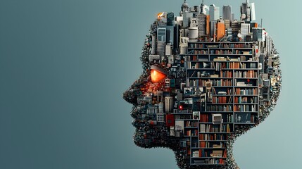 Poster - A cross section of the mind depicted as an intricate library filled with shelves housing the abundant thoughts ideas and knowledge that shape our cognitive landscape