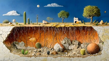 Aufkleber - A detailed cross section view showcasing the deep roots of a desert cactus plant penetrating into the dry arid soil of a desert ecosystem