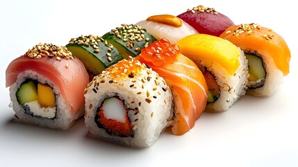Aufkleber - Beautifully Captured Cross Section of Assorted Sushi Rolls Showcasing a Vibrant Array of Colorful Fillings Such as Salmon Cucumber and Mango