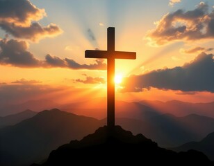 Silhouette of a Cross at Sunrise on a Mountain