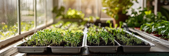 Poster - Trays of microgreens flourish in a small home greenhouse, benefiting from natural light and nurturing care for healthy growth. Generative AI