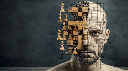 Poster - Chessboard Mind A Visual Metaphor Depicting the Strategic Thinking and Internal Conflicts of the Human Psyche  Conceptual Showcasing the Analytical and Emotional Dimensions of the Brain
