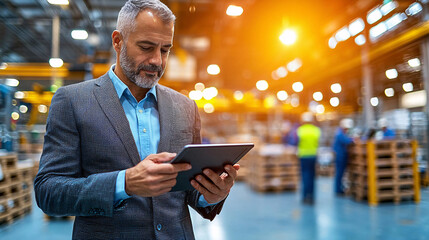 professional CEO in stylish outfit is reviewing operations on tablet in warehouse setting, showcasing blend of modern technology and industrial environment