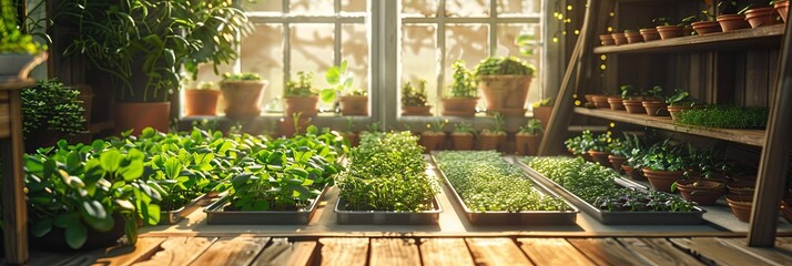 Poster - In a cozy greenhouse, trays of vibrant microgreens grow under bright sunlight, creating a lush indoor garden atmosphere. Generative AI