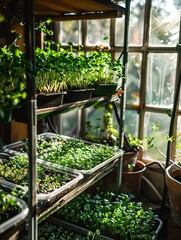 Poster - A small home greenhouse displays neatly arranged trays of growing microgreens, taking advantage of bright, natural sunlight. Generative AI