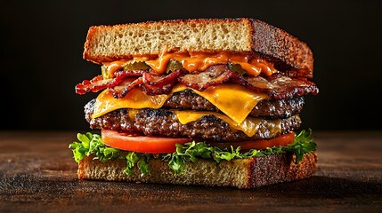 Poster - Closeup Cross Section View of a Perfectly Grilled Burger Showcasing Delectable Layers of Melted Cheese Fresh Lettuce Juicy Tomato and Savory Sauce Dripping Down