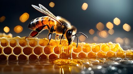 Poster - Closeup of Luscious Golden Honey Dripping and Oozing from the Hexagonal Cells of a Honeycomb Structure  Textured and Glistening Organic Natural Food Background with Copy Space