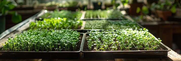 Poster - Trays filled with vibrant microgreens grow steadily in a cozy home greenhouse under natural sunlight. Generative AI