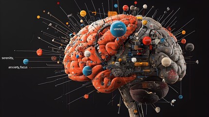 Poster - Conceptual cross section of the human brain filled with symbolic bubbles representing the various mental states and emotional experiences
