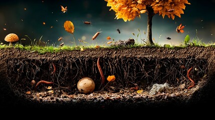 Aufkleber - Cross section of a Forest Floor Highlighting the Intricate Ecosystem of Worms Insects and Decomposing Organic Matter