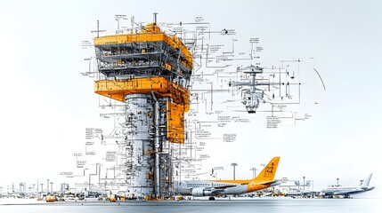 Fototapete - Cross Section of a High Tech Airport Control Tower with Radar Rooms and Flight Monitoring Stations Providing a Comprehensive View of the Complex Infrastructure and Technology Powering Air