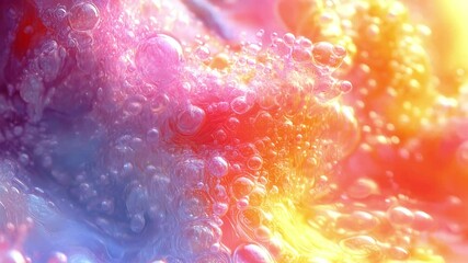 Poster - Abstract animation of magical colored liquid with gradients of pink, purple and orange shades with large and small bubbles. Depth of field effect