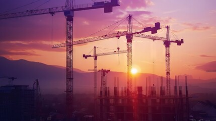 Building Tomorrow: Cranes Against a Stunning Sunset and Mountain Backdrop