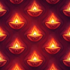 Vibrant Pattern of Traditional Indian Diya Oil Lamps with Glowing Flames for Festive Diwali Backgrounds