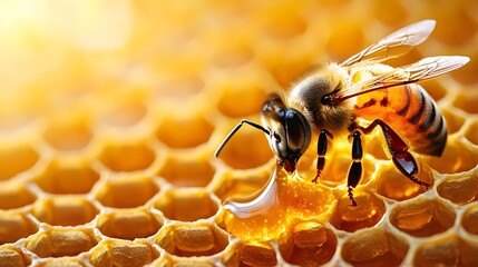 Poster - Detailed close up view of a cross section of a honeycomb showcasing the intricate hexagonal structure filled with rich golden honey dripping and oozing from each individual cell