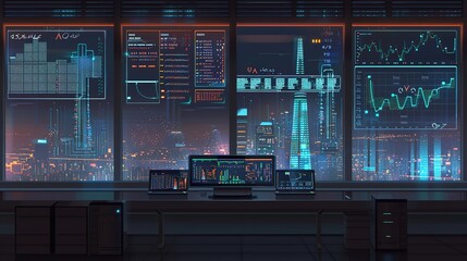 Wall Mural - Modern Network Security Interface: Intricate Cyber Defenses, Encrypted Data Streams, Neon Cityscape Backdrop