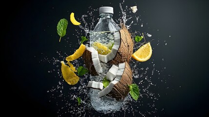 Aufkleber - Detailed Cross Section of a Coconut Water Bottle Revealing the Liquid Pulp and Outer Shell Composition  Closeup View of the Tropical Healthy and Refreshing Beverage Ingredient