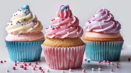 Poster - Three cupcakes on white background.