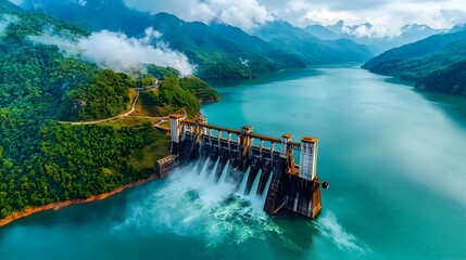 Poster - detailed cross section of a hydroelectric dam showcasing the process of water flow through turbines 